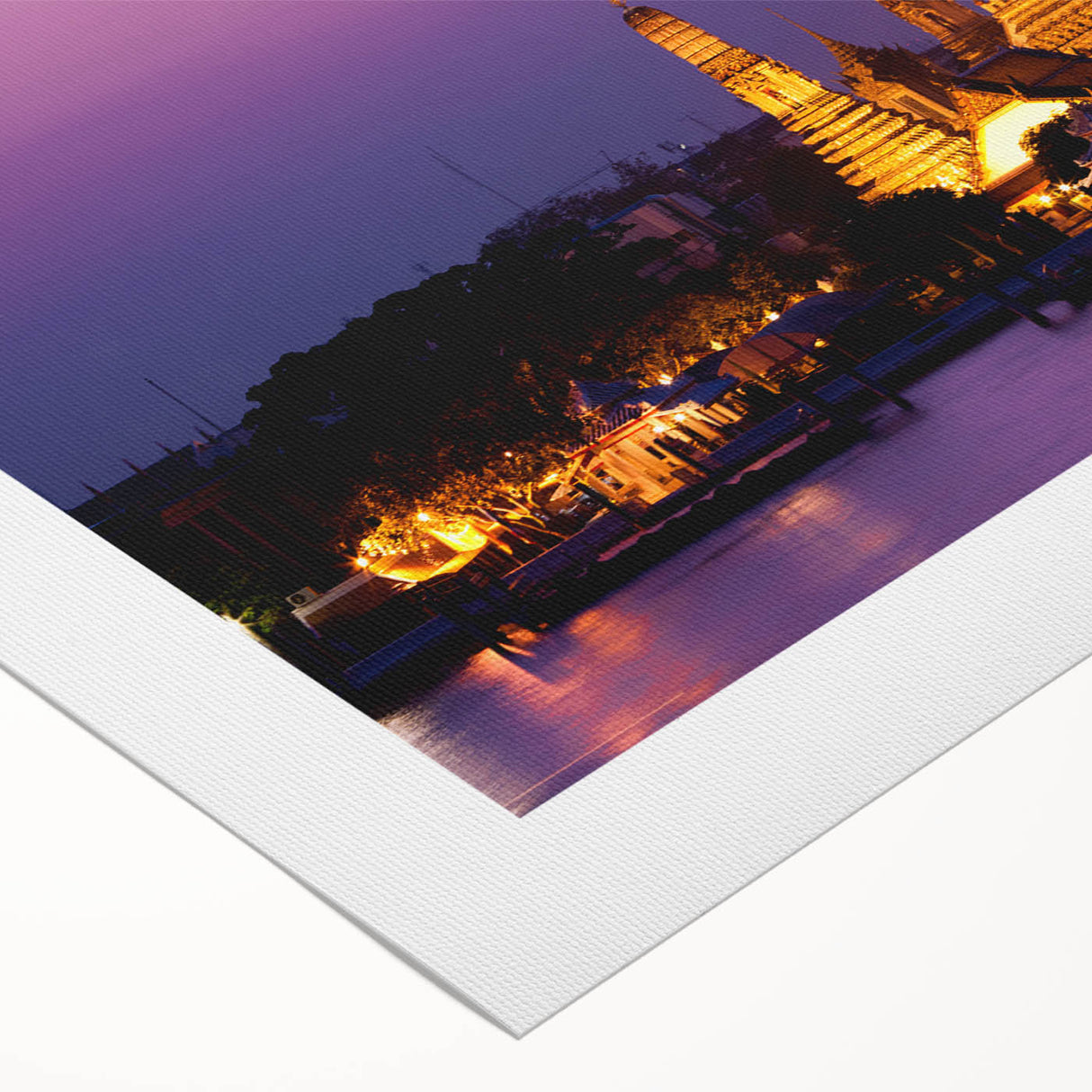 Art deco poster of Bangkok skyline in muted gold and blue tones on rolled canvas, suitable for dining room decor.
