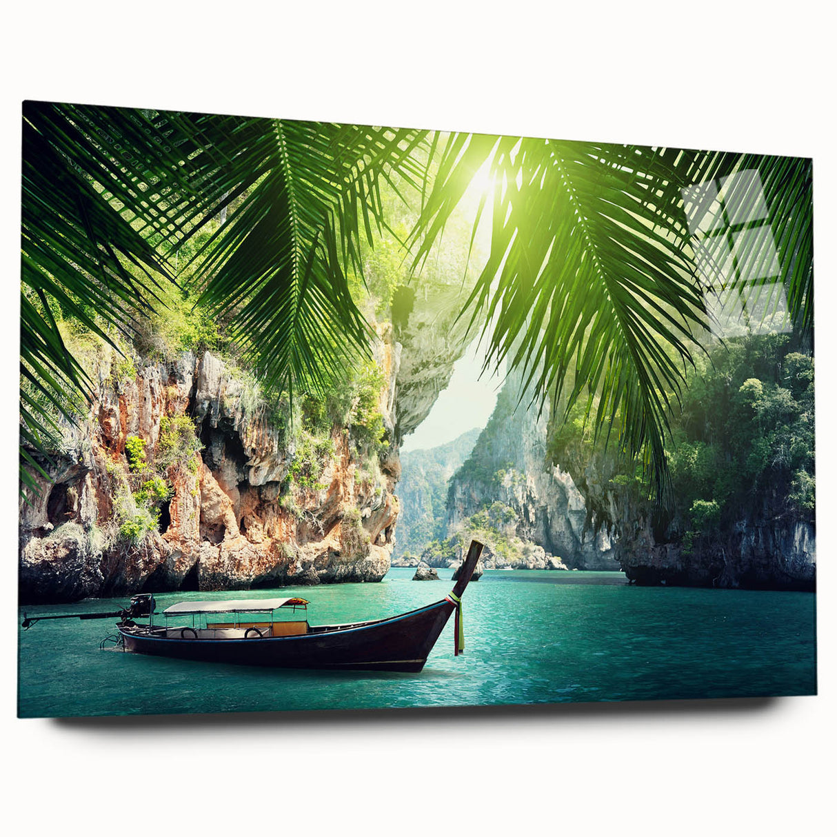 Large abstract acrylic print of a serene Thai landscape in soft blue and green tones, ideal for bedroom or dining room art.