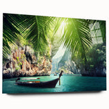 Large abstract acrylic print of a serene Thai landscape in soft blue and green tones, ideal for bedroom or dining room art.