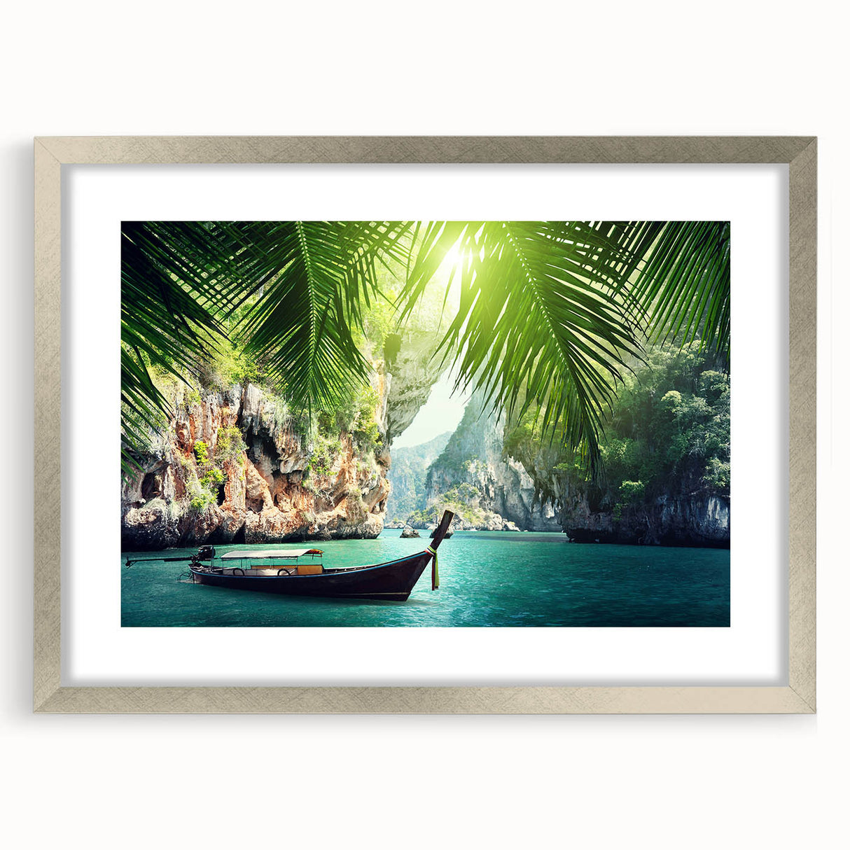 Textured art print of an abstract Thai landscape in muted earth tones, framed in silver, ideal for bedroom art.