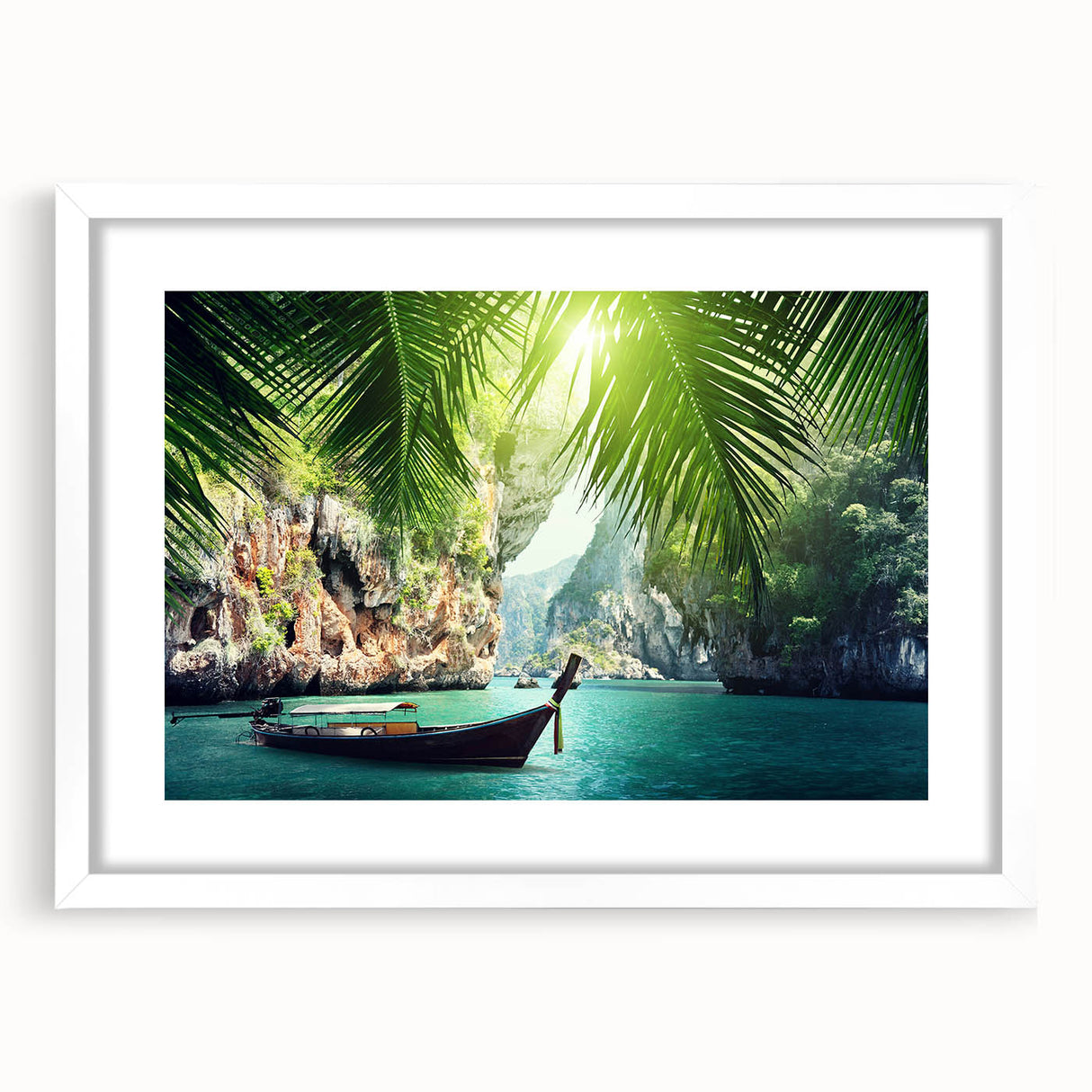 Abstract art print of a serene Thai landscape in muted blue and green tones, framed with a white mat.
