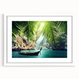 Abstract art print of a serene Thai landscape in muted blue and green tones, framed with a white mat.