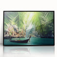 Large abstract wall art depicting a serene Thai landscape in soft blue and green hues, framed in black acrylic.