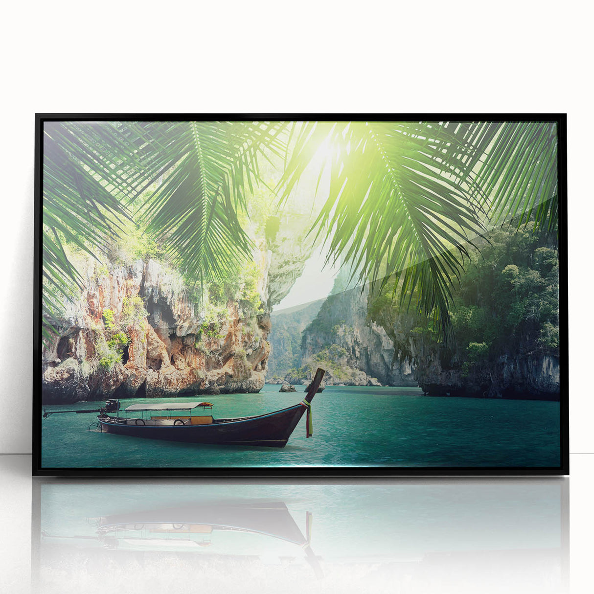 Large abstract wall art depicting a serene Thai landscape in soft blue and green hues, framed in black acrylic.