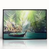Large abstract wall art depicting a serene Thai landscape in soft blue and green hues, framed in black acrylic.