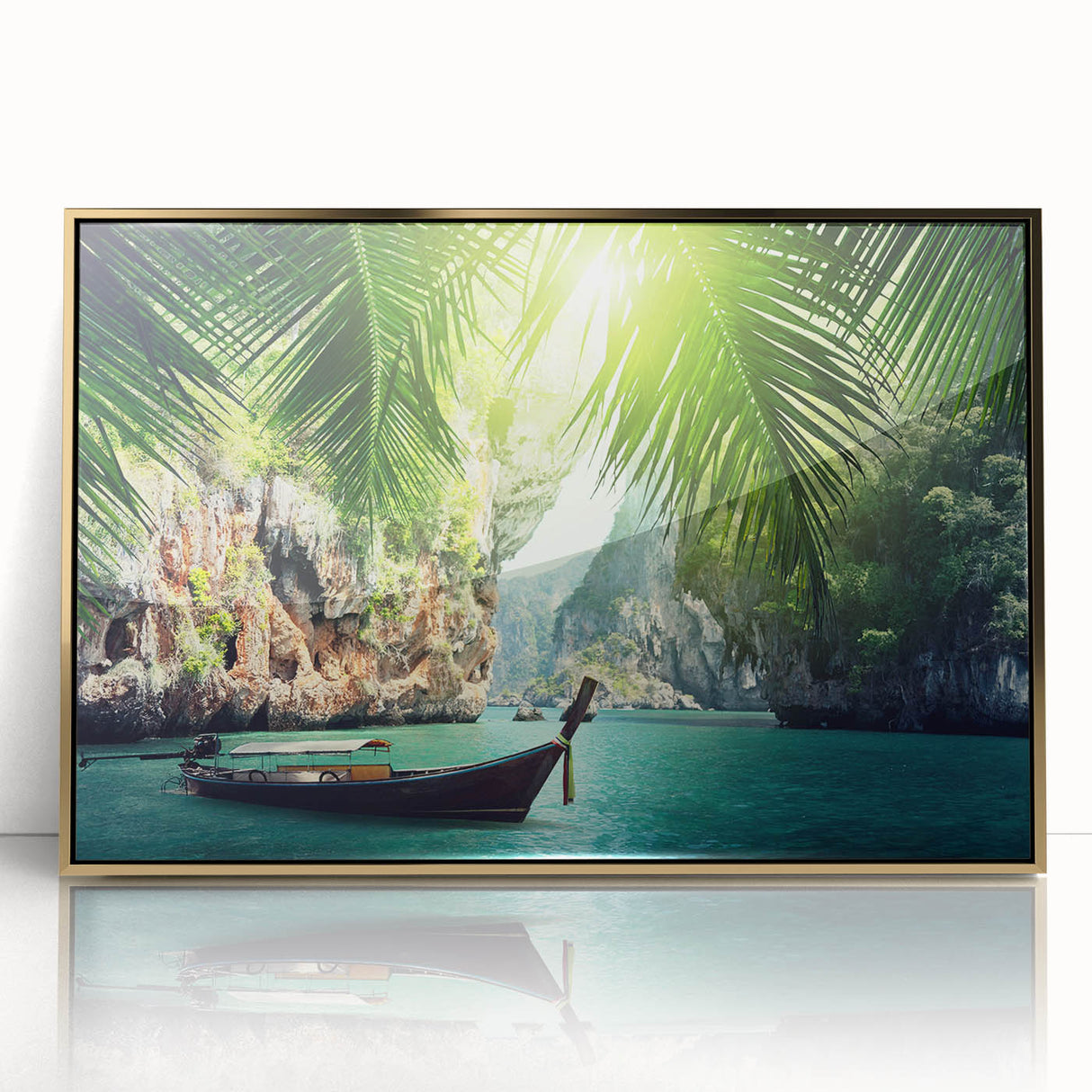 Large art print of a serene Thai landscape in muted gold tones on a framed acrylic, suitable for modern art wall decor.