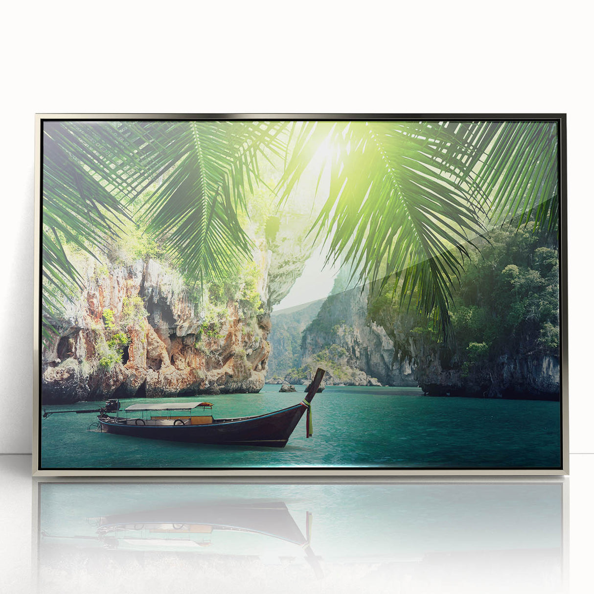 Framed acrylic print featuring a mid-century modernist Asian landscape in muted earth tones, ideal for nursery wall art.