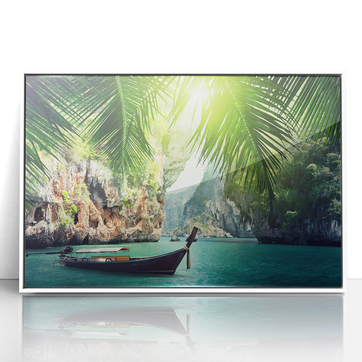 Art deco poster of a serene Thai landscape in muted green and blue tones, acrylic print framed in white.