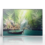 Art deco poster of a serene Thai landscape in muted green and blue tones, acrylic print framed in white.