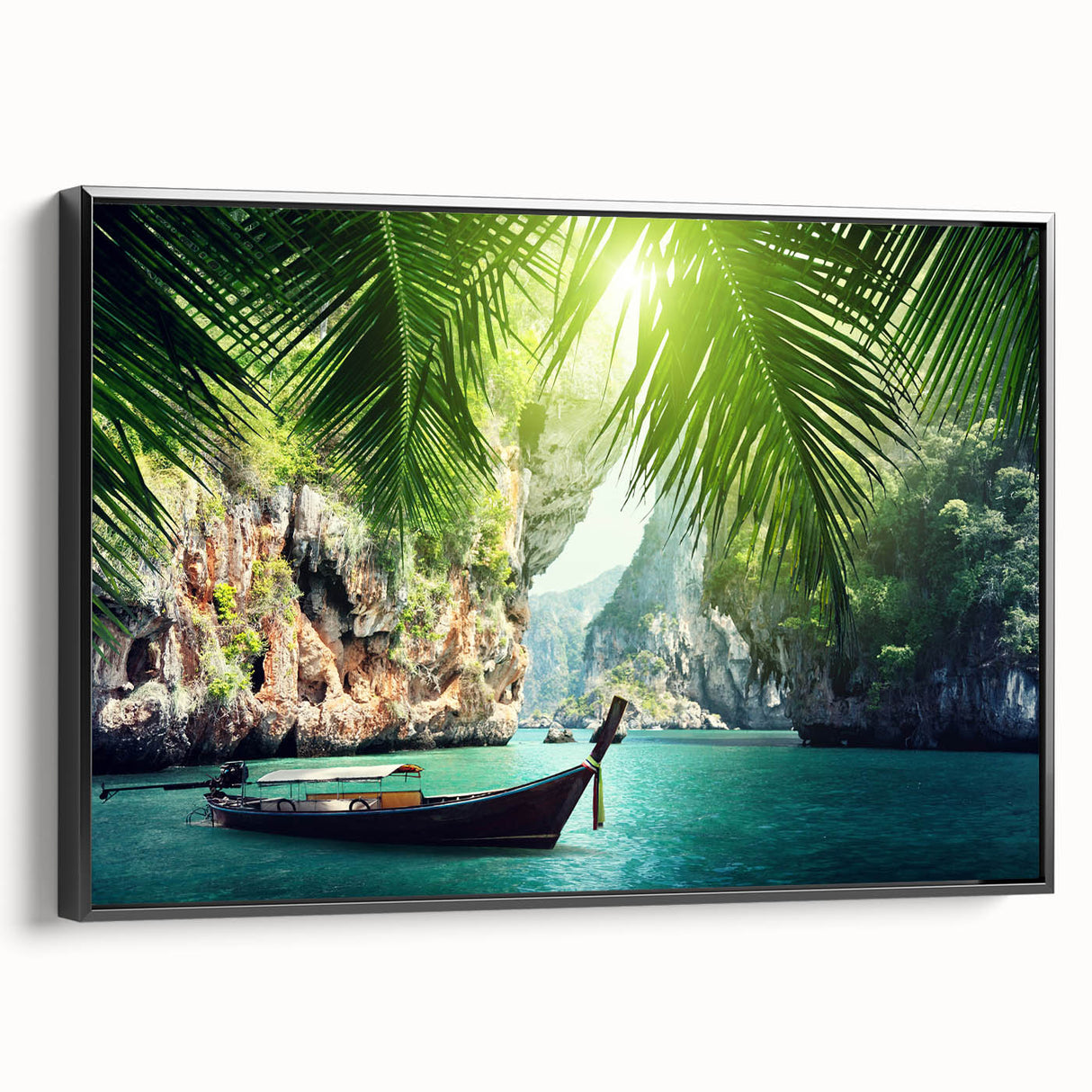 Black and white framed canvas depicting a serene Thai landscape, ideal for bedroom wall art.
