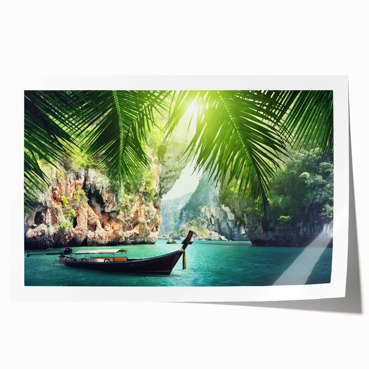 Extra large rolled print of a serene Thai landscape in muted green and blue tones, ideal for art wall dining room.