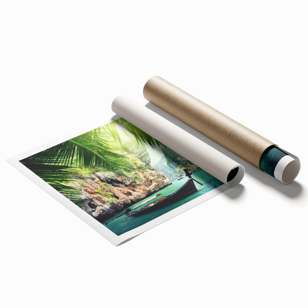 Extra large rolled print depicting a serene Thai landscape with lush floral elements in soft green and blue tones.