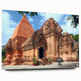 Acrylic print of a Vietnamese landscape, featuring lush greenery and a river, in vibrant green and blue tones.