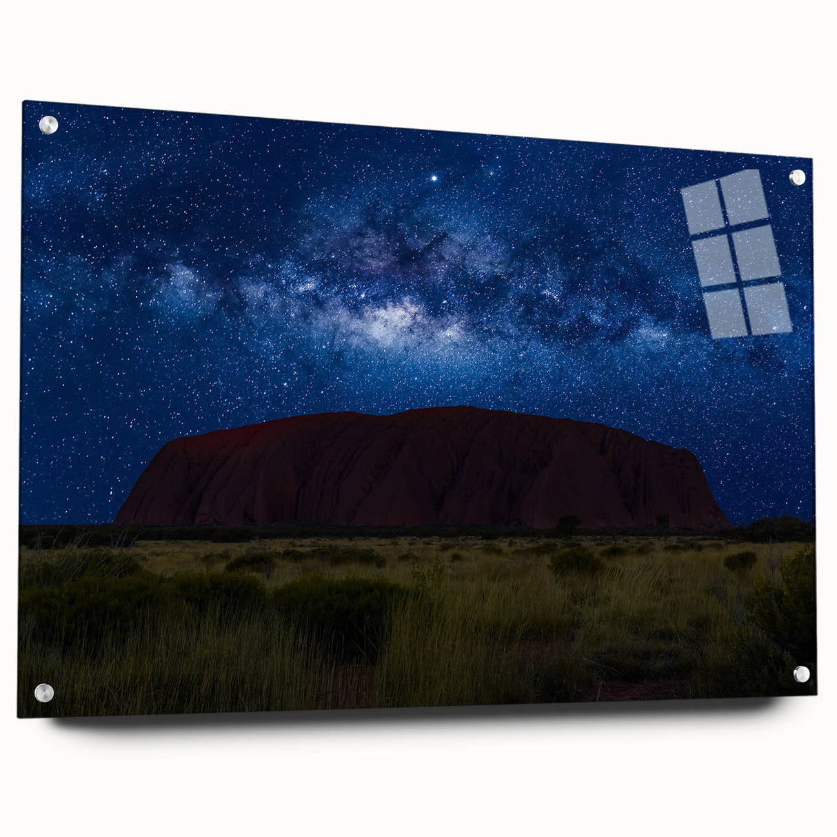 Acrylic print of Ayers Rock in Australia, featuring muted earth tones, ideal for dining room decor.