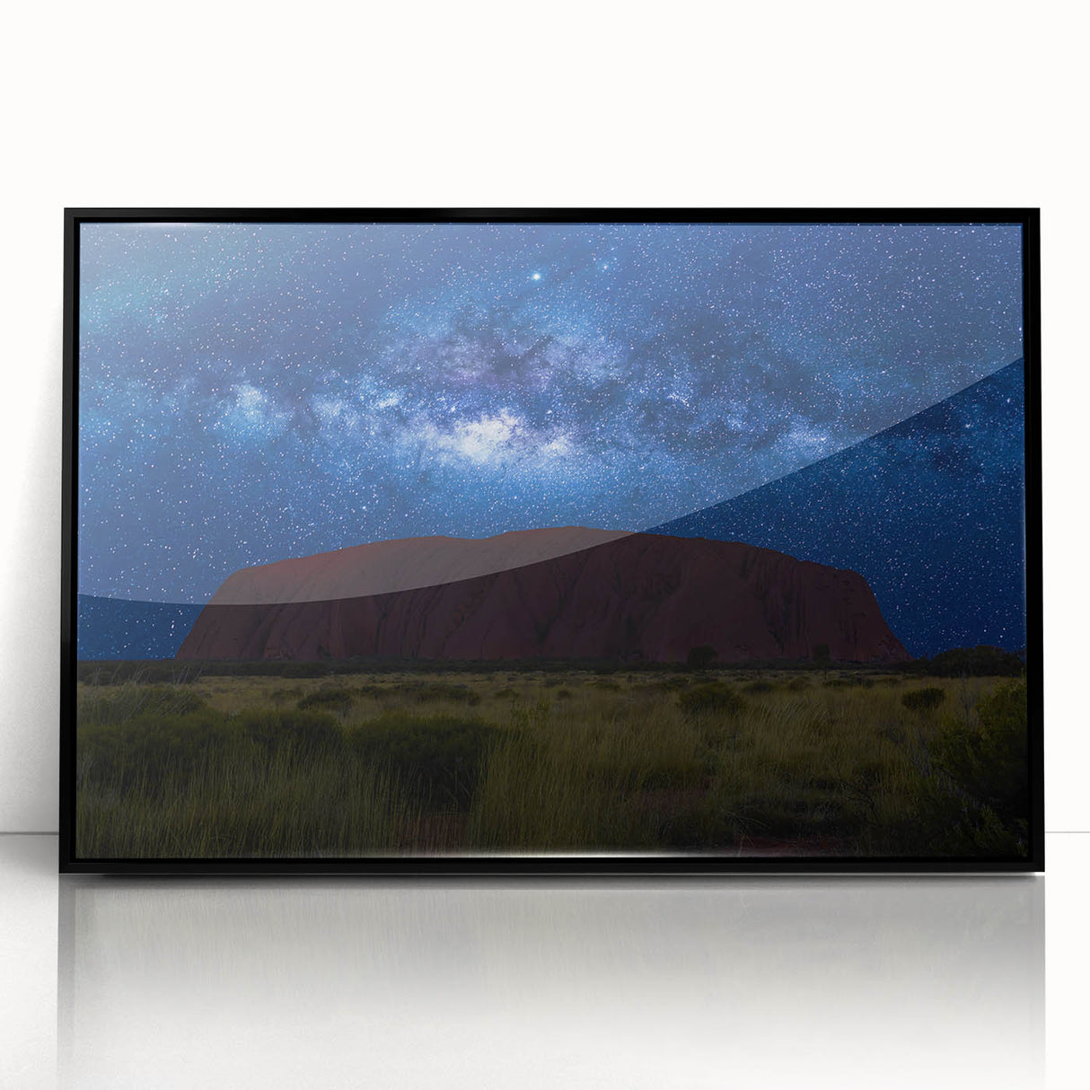 Large abstract wall art of Ayers Rock in muted earth tones, framed in black acrylic, suitable for modern art wall decor.