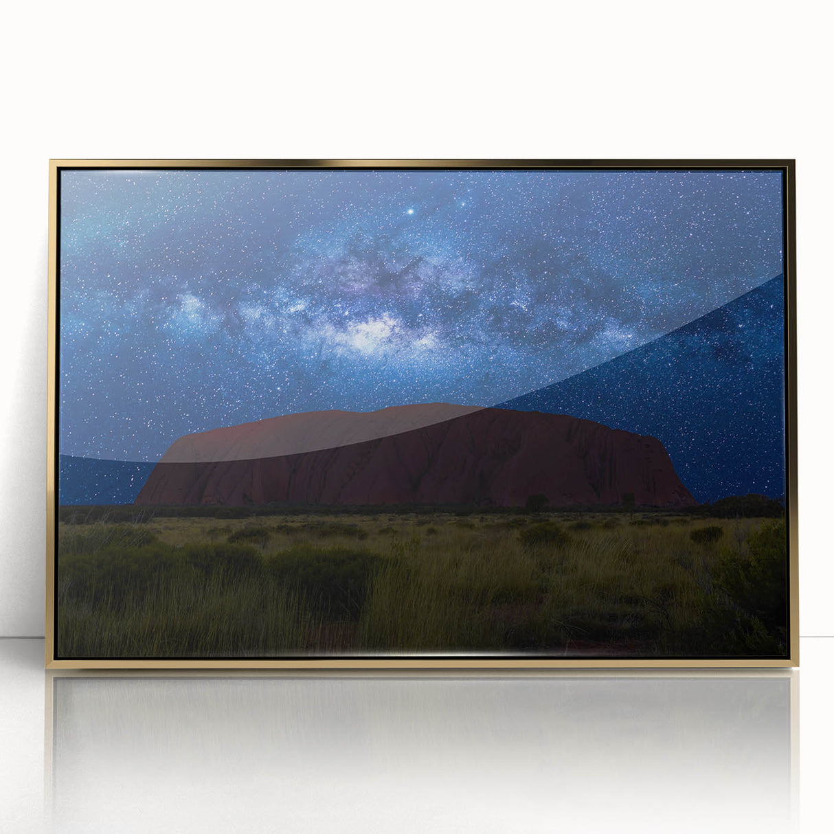Mid-century modernist art of Ayers Rock in muted earth tones on a framed acrylic, ideal for modern art wall decor.