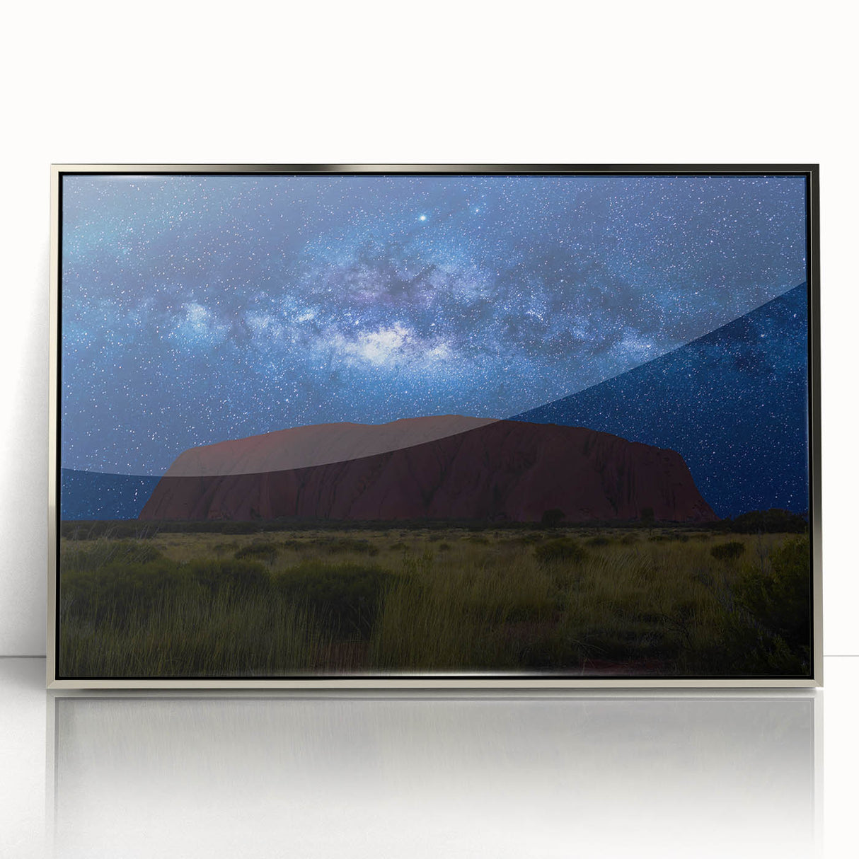 Framed acrylic print of Ayers Rock in Australia, depicted in art deco style with muted earth tones.