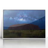 Large art print of Ayers Rock in muted earth tones, framed in white acrylic, suitable for modern art wall decor.