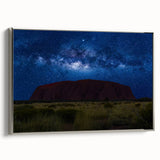 Vintage poster art of Ayers Rock in vibrant colors on a silver-framed canvas, ideal for extra large living room wall decor.