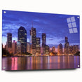 Acrylic print of a large abstract depiction of Brisbane's skyline in muted blue and gray tones.