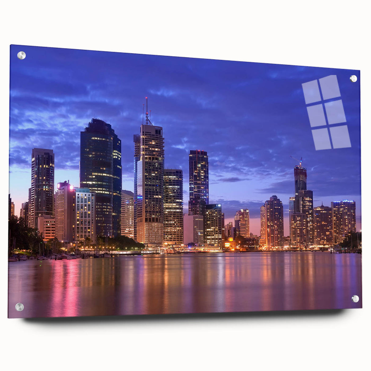 Acrylic print of a large abstract depiction of Brisbane's skyline in muted blue and gray tones.