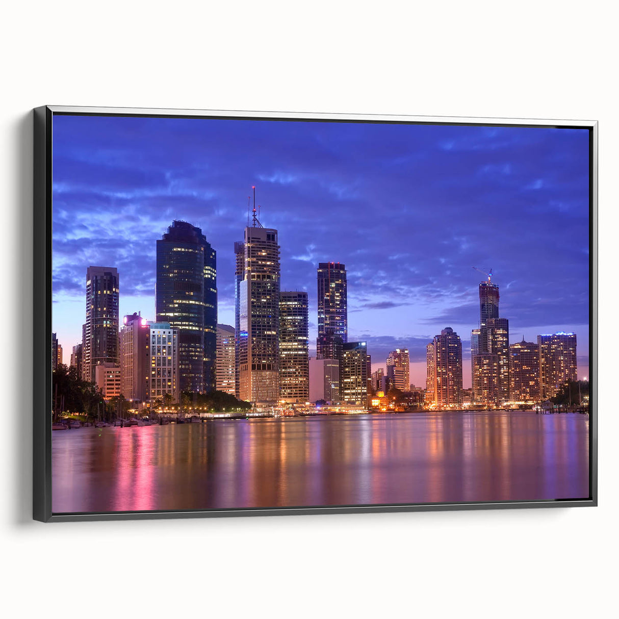 Black and white framed canvas of Brisbane landscape, ideal for bedroom wall decor.