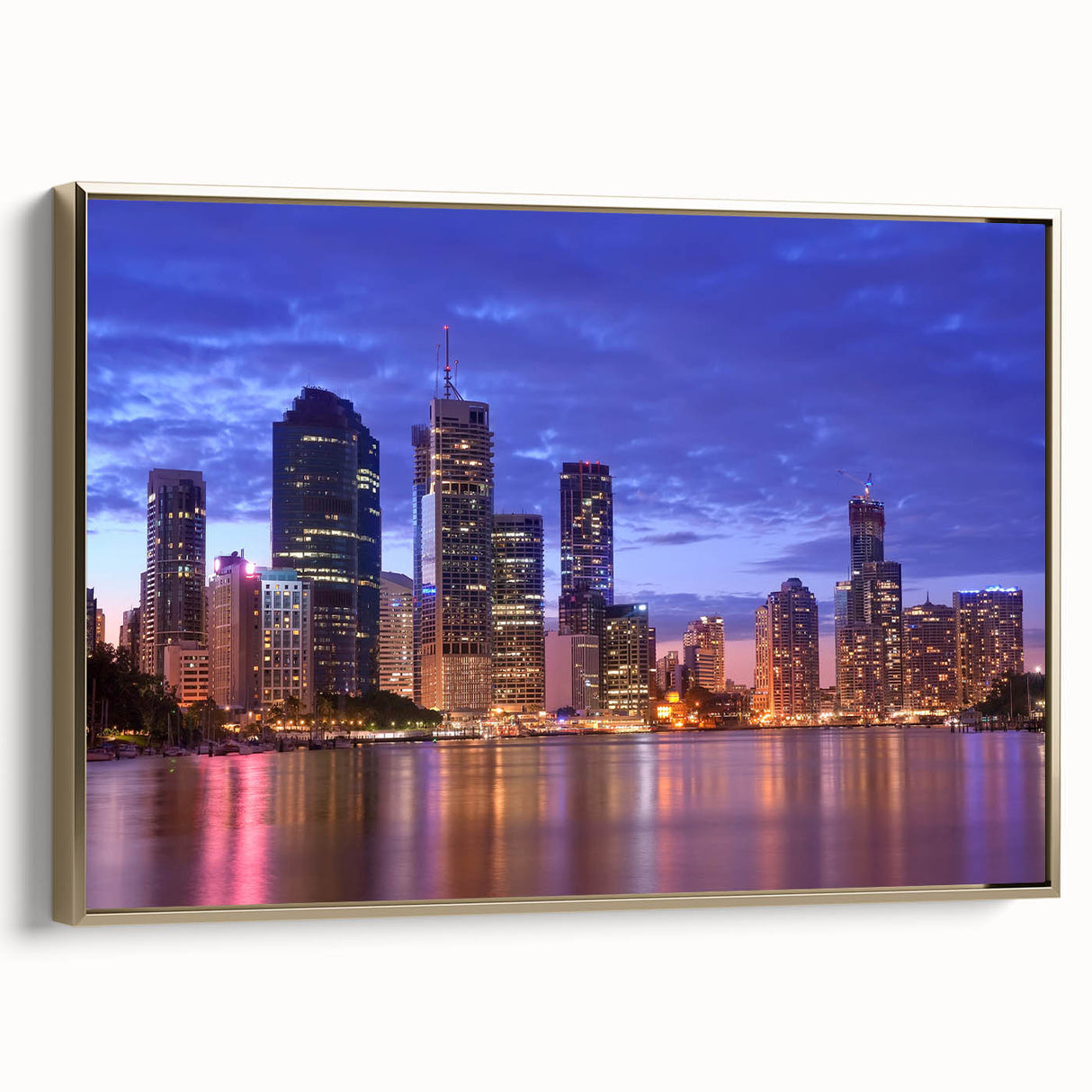 Framed canvas landscape art painting of Brisbane with gold accents and colorful sky, ideal for living room decor.