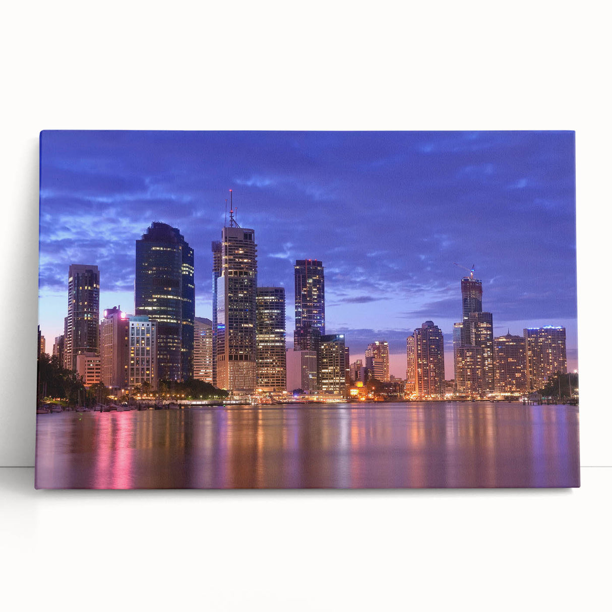 Black and white stretched canvas of Brisbane skyline, ideal for kitchen wall art or bedroom ambiance.