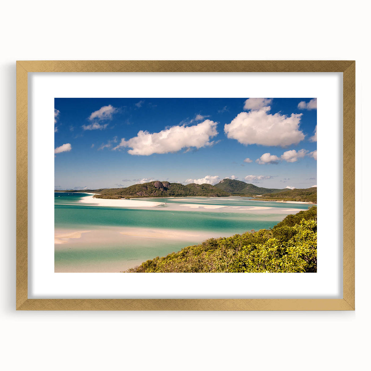 Textured art print of the Great Barrier Reef in abstract style with a gold frame, featuring vibrant oceanic blues and greens.