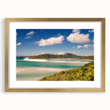 Textured art print of the Great Barrier Reef in abstract style with a gold frame, featuring vibrant oceanic blues and greens.