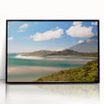 Large abstract wall art depicting the Great Barrier Reef in vibrant blue tones, framed in black acrylic.