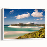 Framed canvas featuring a landscape painting of the Great Barrier Reef in muted blue and green tones.