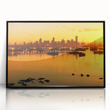 Large abstract wall art of Melbourne skyline in muted gray and blue tones on framed acrylic.