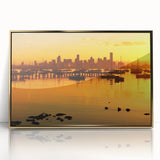 Mid-century modernist art featuring Melbourne skyline in muted gold tones on framed acrylic, ideal for modern art wall decor.