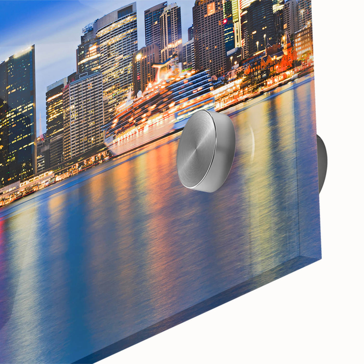 Large abstract depiction of Sydney skyline in muted blue and gray on acrylic glass, ideal for dining room art.