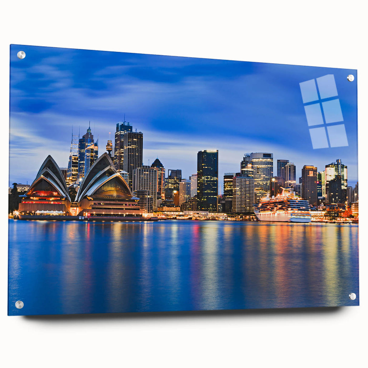 Acrylic print of Sydney skyline in muted blue tones, ideal for bedroom or dining room decor.