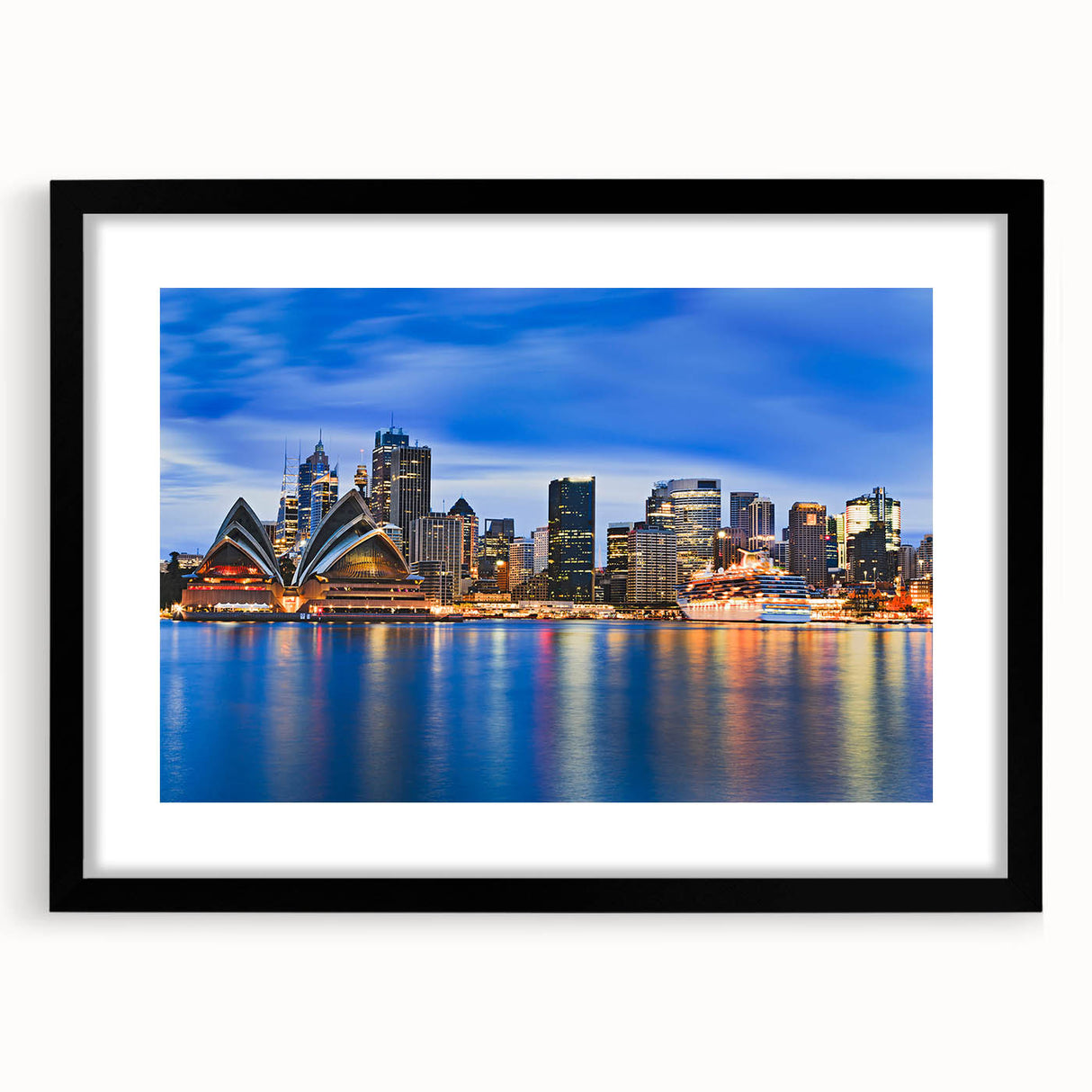 Extra large abstract art print of Sydney scenery in vibrant colors on a textured canvas, framed in black.