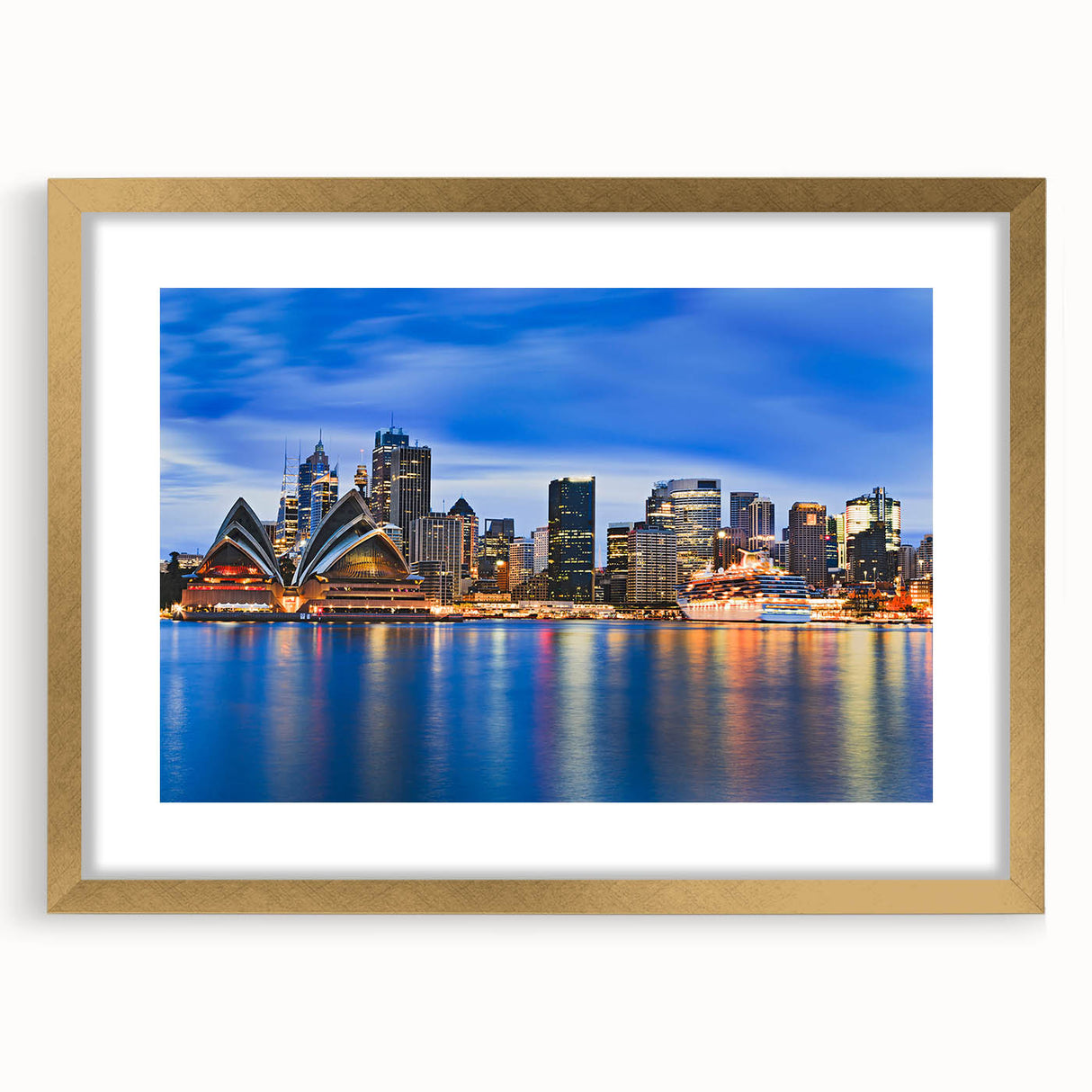 Abstract art print of Sydney skyline in muted gold and blue tones, presented in a gold frame, ideal for dining room decor.