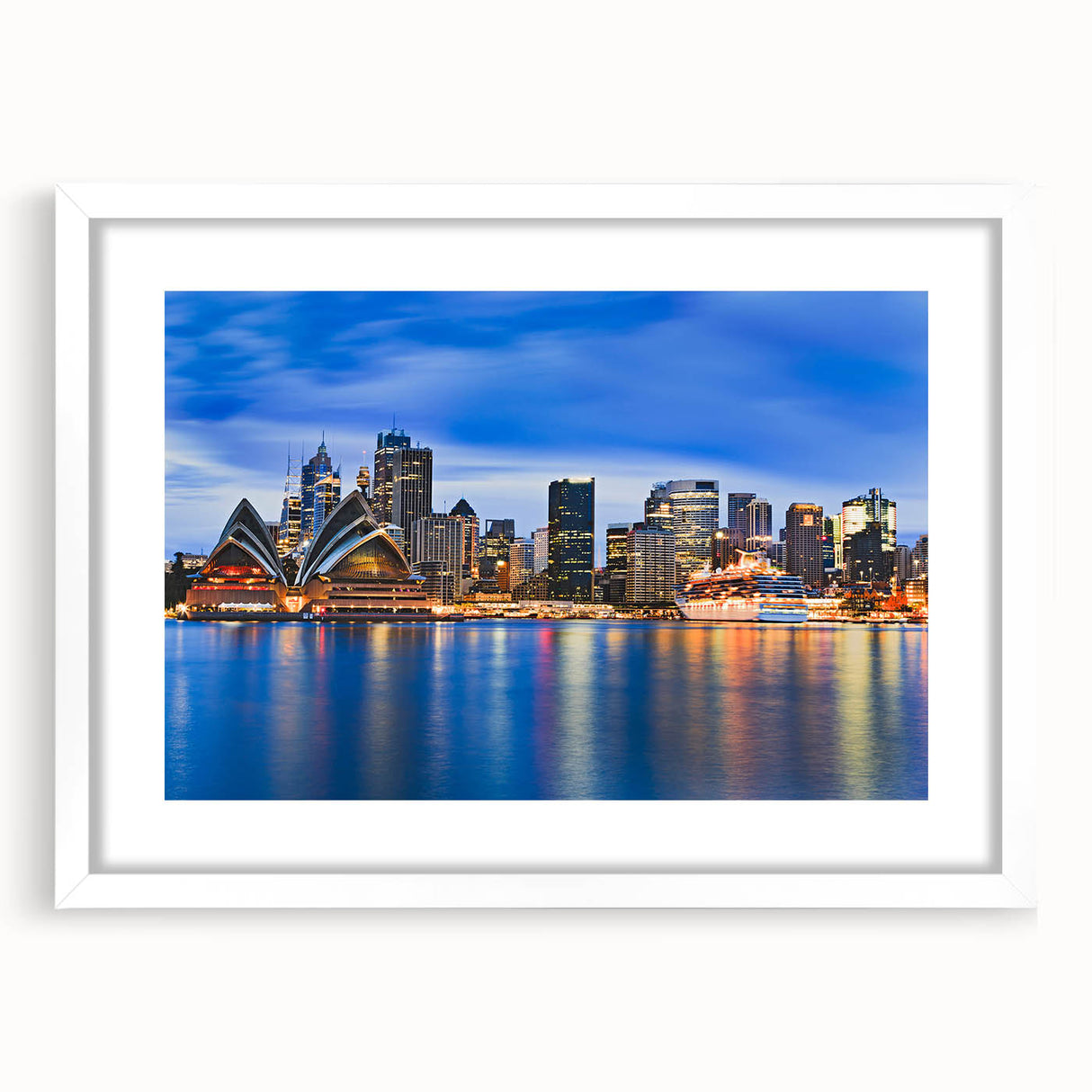 Textured abstract art print of Sydney skyline in muted blue and gray, framed in white, ideal for bedroom wall decor.