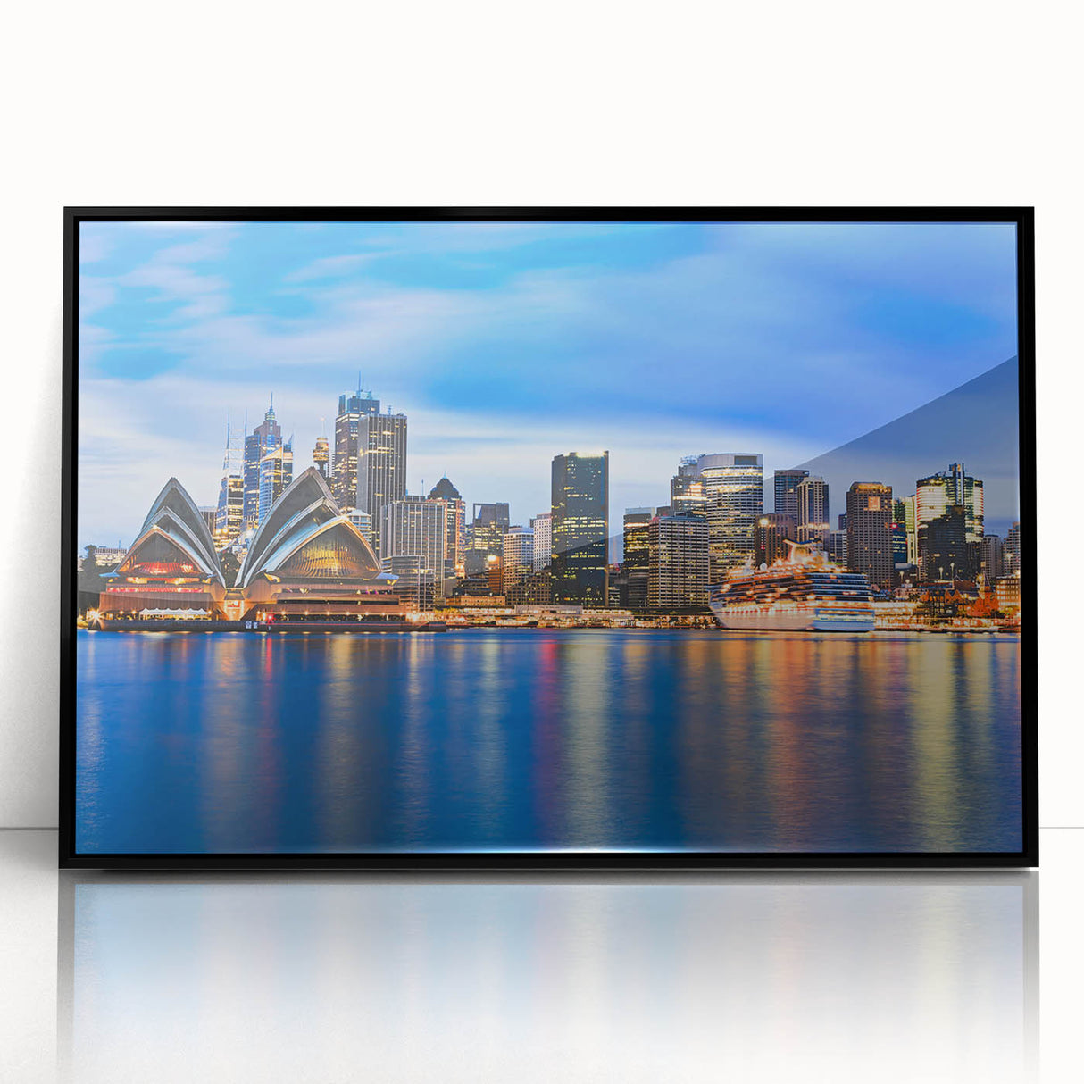 Large abstract wall art depicting the Sydney skyline in muted gray and blue tones on a framed acrylic print.
