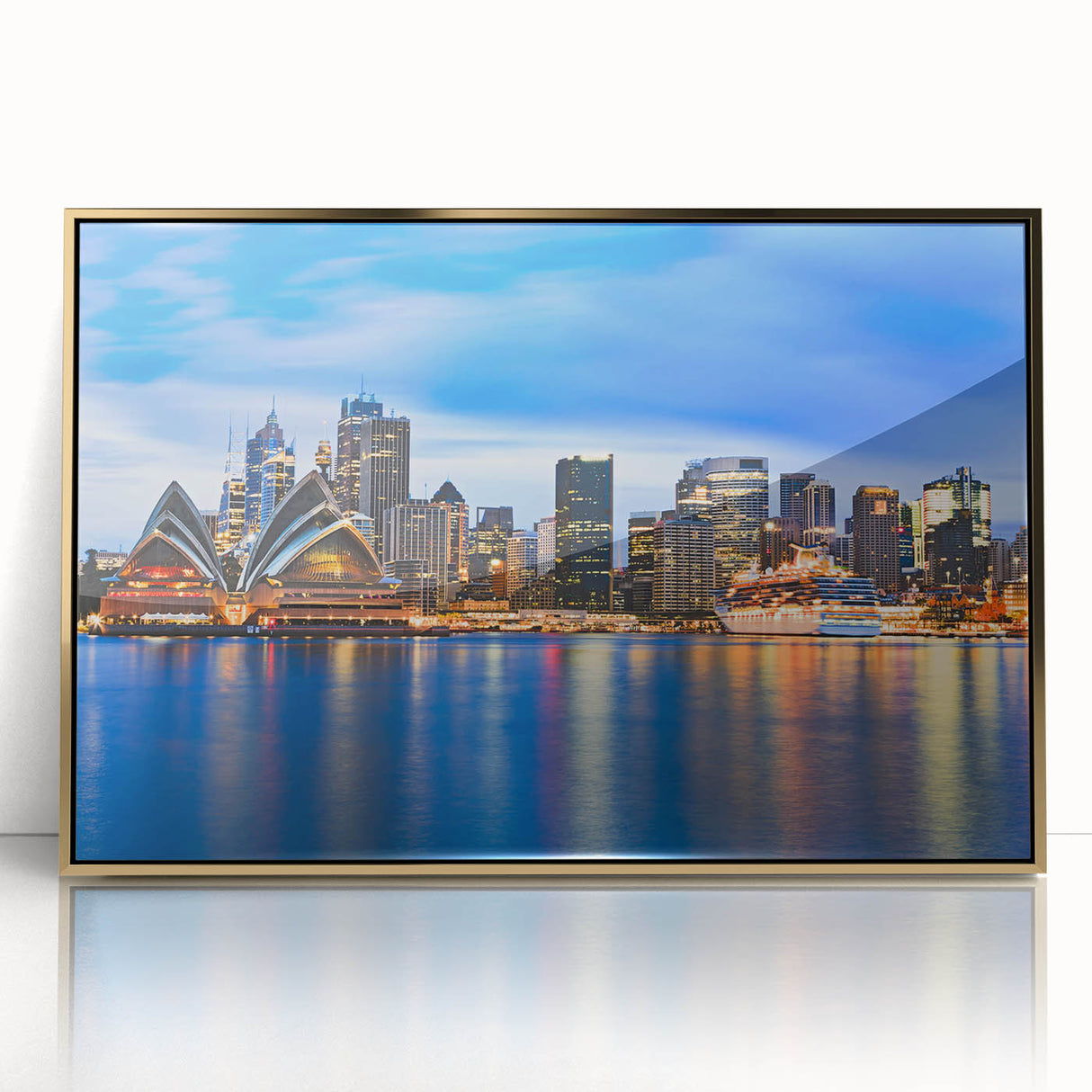 Acrylic print of Sydney skyline with golden hues, ideal for modern art wall decor.
