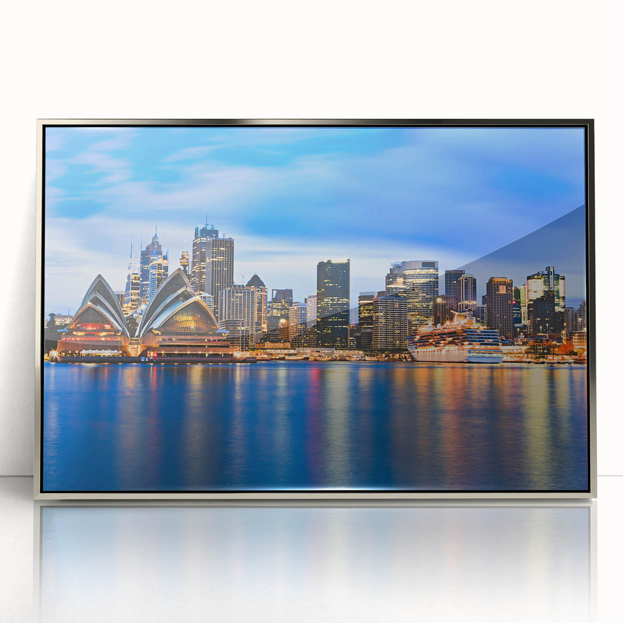 Mid-century modernist art of Sydney skyline in muted silver tones on framed acrylic, suitable for modern art wall decor.