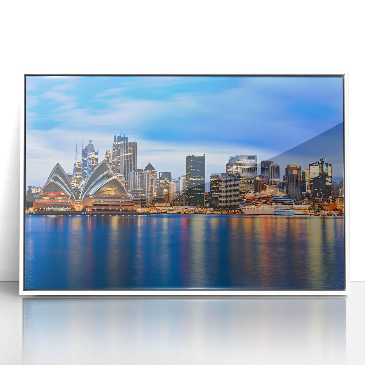 Acrylic print of Sydney skyline with soft pink and blue tones, in art deco style, ideal for modern bedroom ambiance.