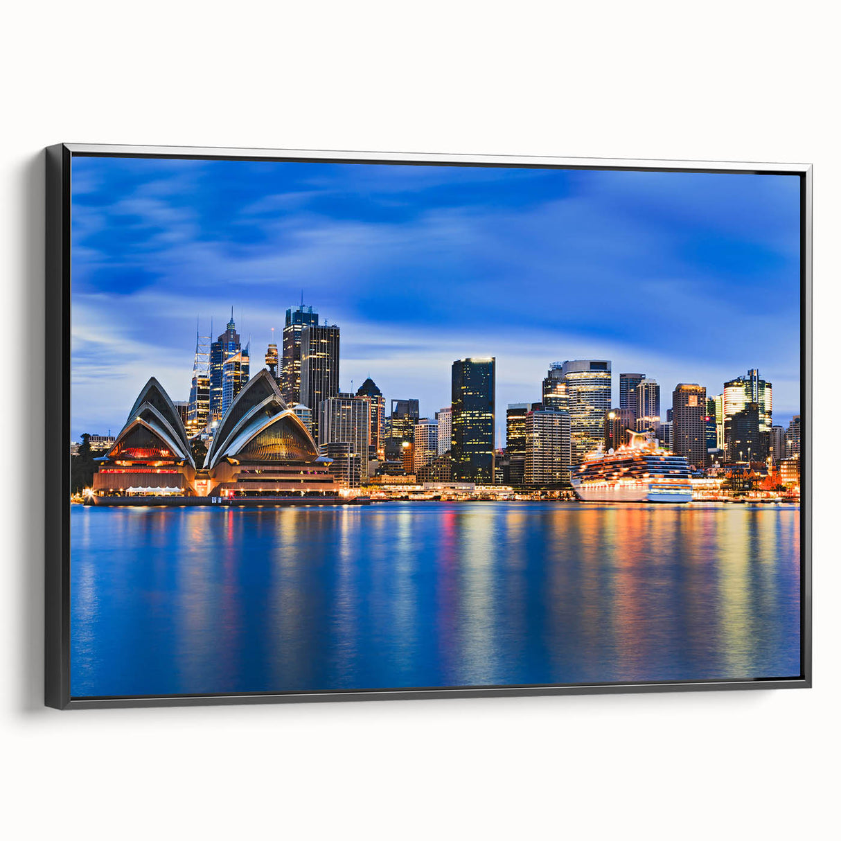 Black and white framed canvas of Sydney landscape, ideal for bedroom wall art.