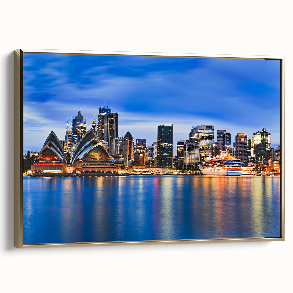 Vintage poster art of Sydney skyline in colorful hues on a large framed canvas, ideal for living room decor.