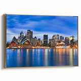 Vintage poster art of Sydney skyline in colorful hues on a large framed canvas, ideal for living room decor.