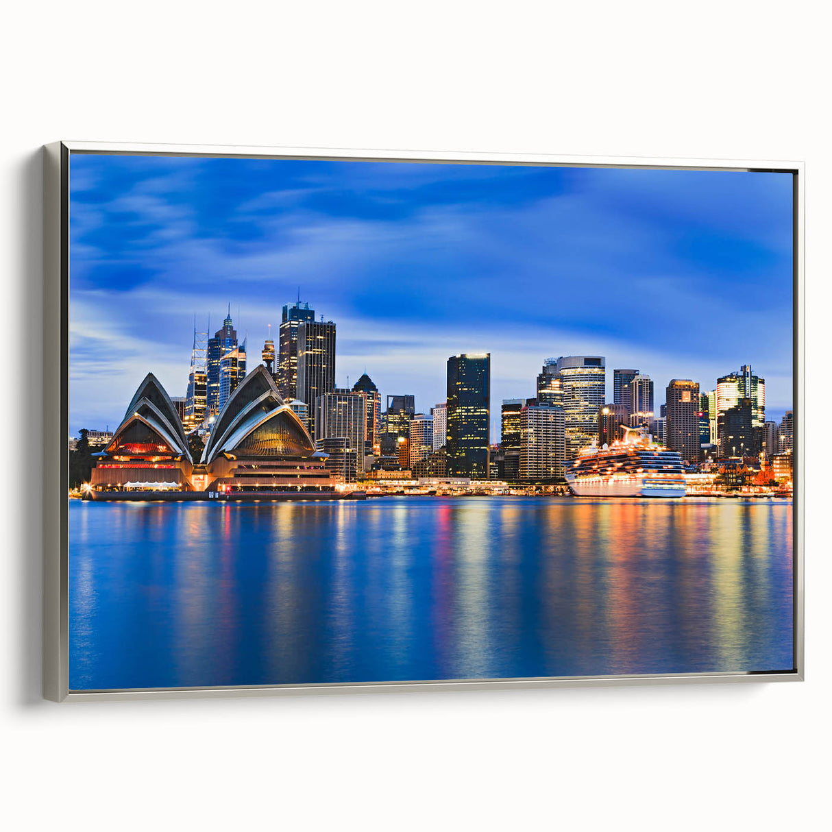 Framed canvas featuring a black and white vintage poster of the Sydney landscape, ideal for bedroom wall art.