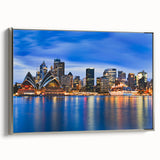 Framed canvas featuring a black and white vintage poster of the Sydney landscape, ideal for bedroom wall art.