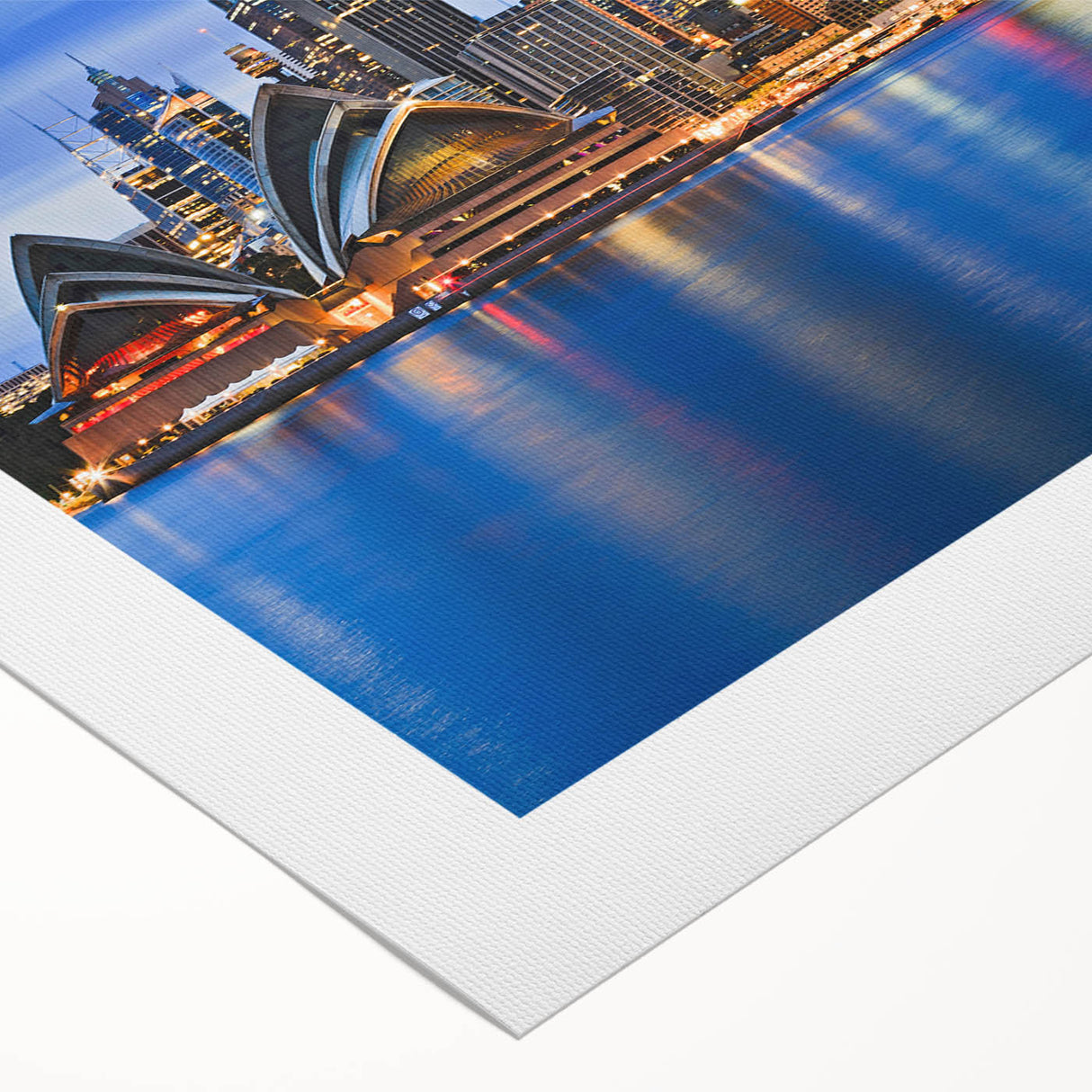 Art deco poster of Sydney skyline in muted metallic tones on rolled canvas, suitable for dining room decor.