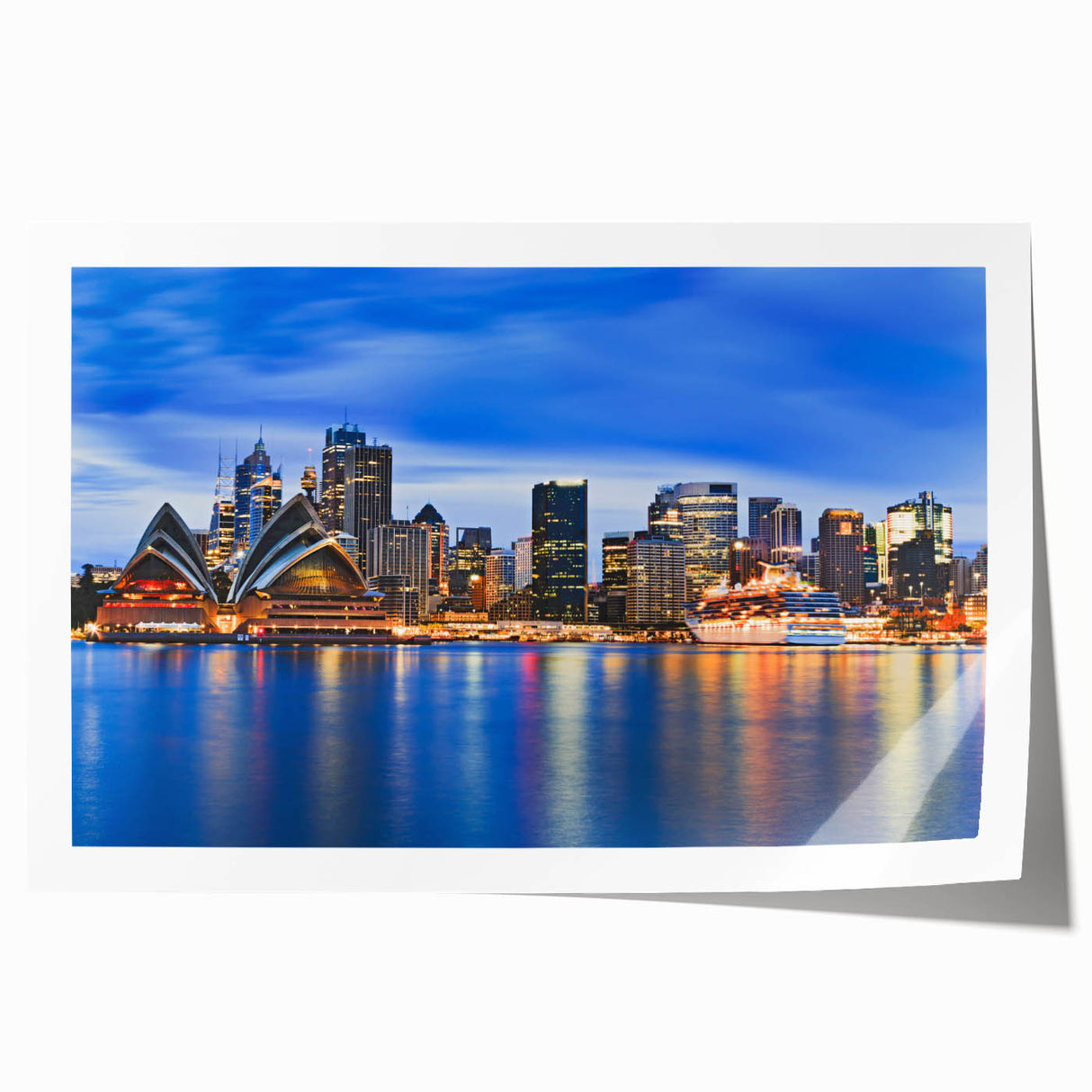 Sydney skyline in muted blue tones on a large rolled canvas, suitable for dining room wall art.